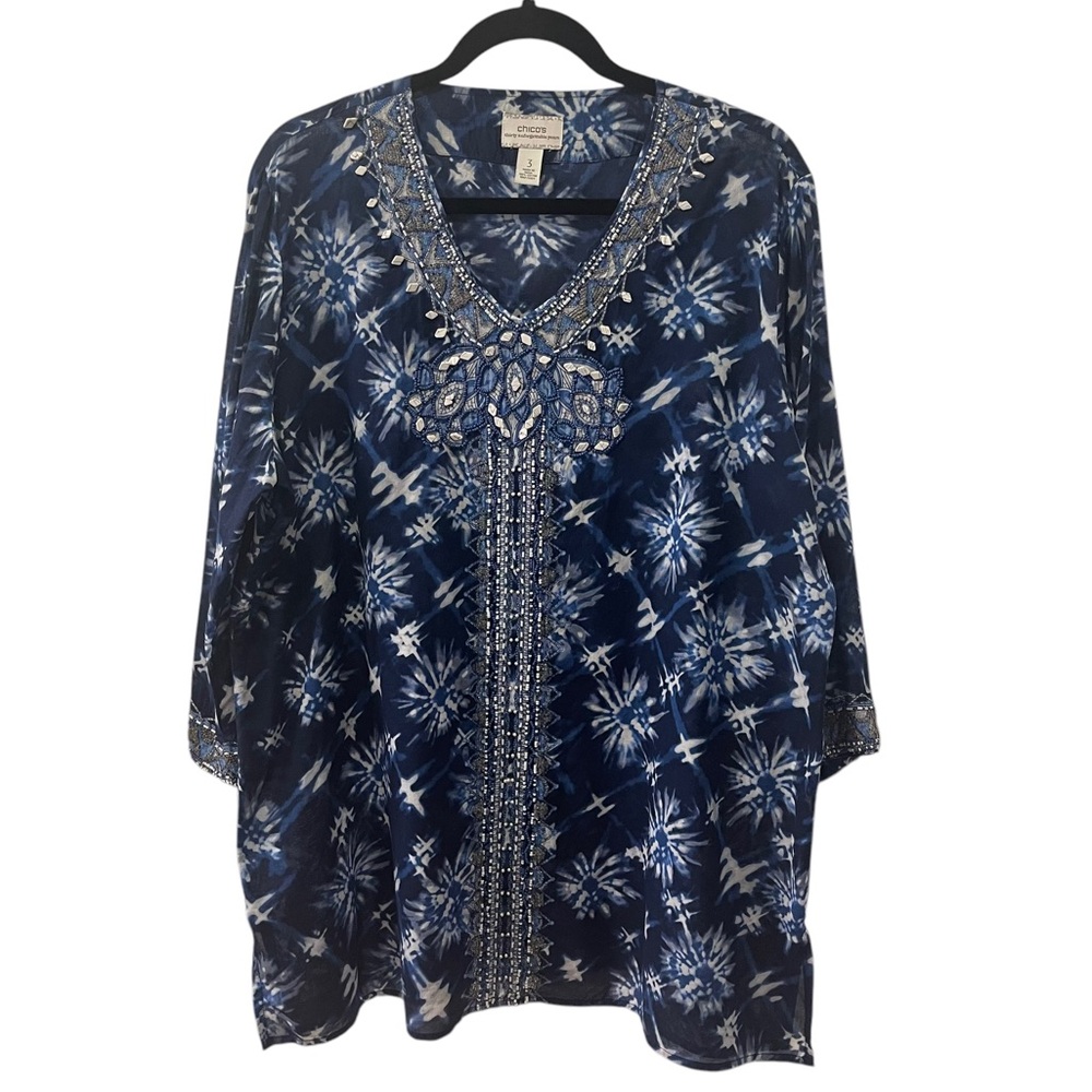Chico's Marvelous Motif Maddie Beaded Tunic Beachy Vacation Resort Wear top 3 - Picture 3 of 11